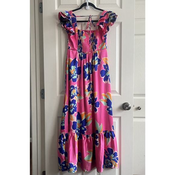 VANILLA BAY Colorful Floral Pleated Bodice Smocked Ruffle Midi Dress Sz S NWT - Picture 10 of 14